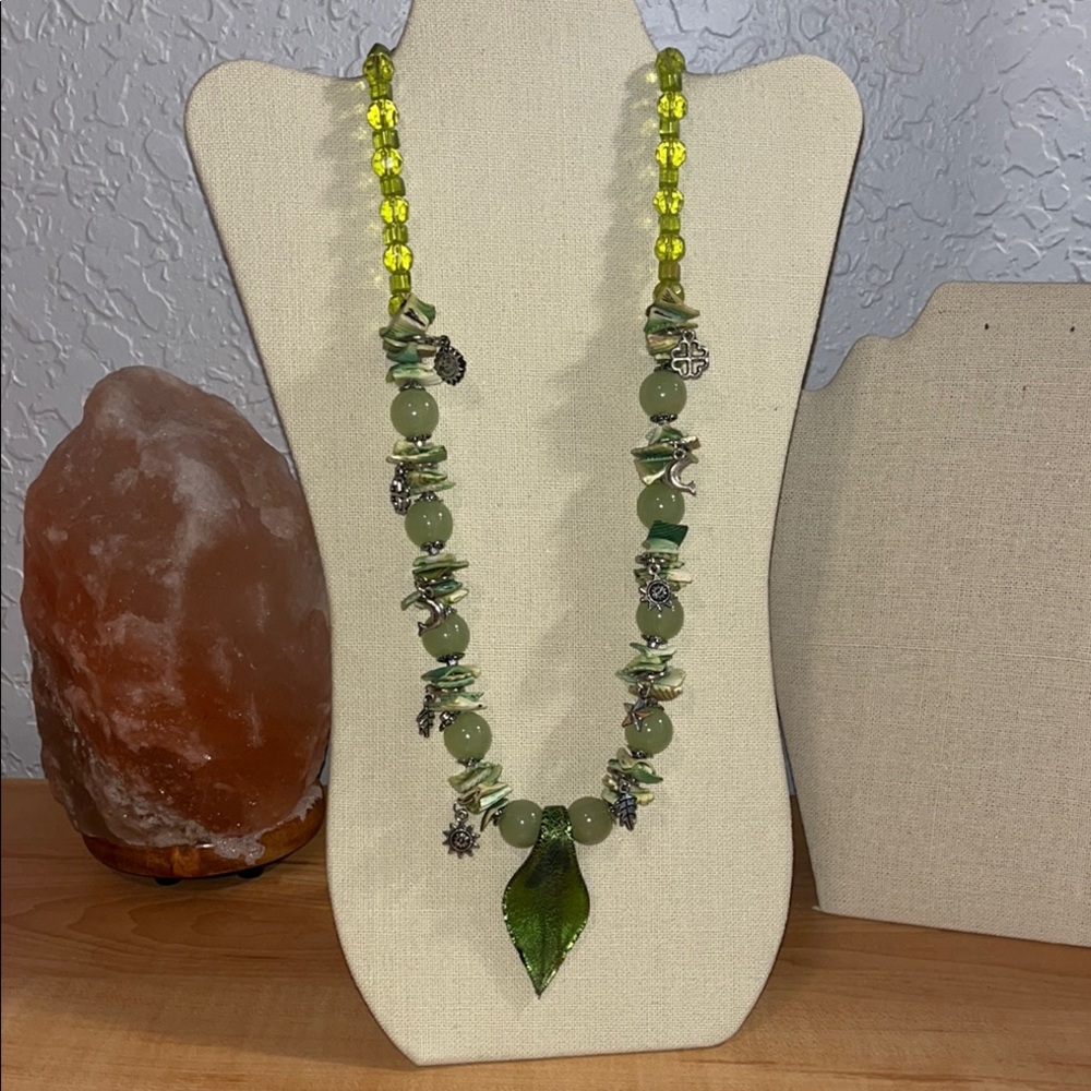 Green Handcrafted Artsy Beaded Necklace with Leaf Pendant